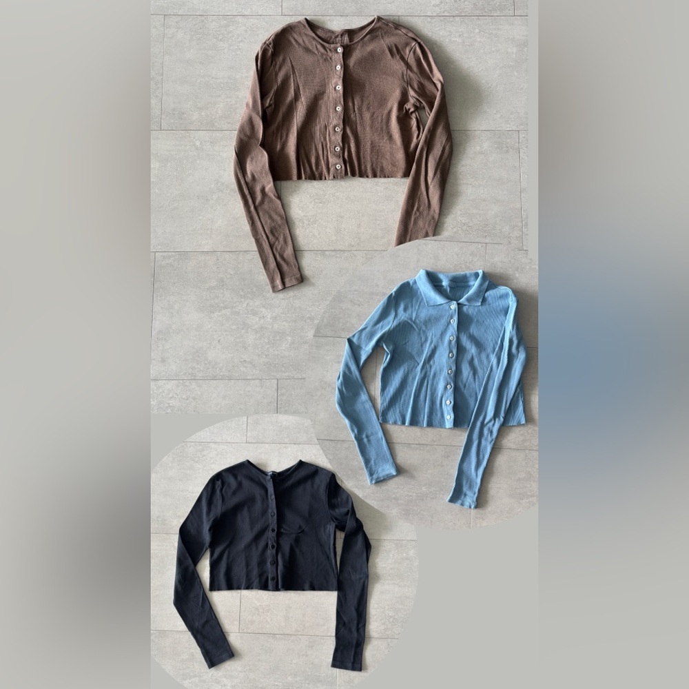 X3 Brandy Melville cropped tops. X1 Ribbed and x2 Long Sleeve Button-Up Tops